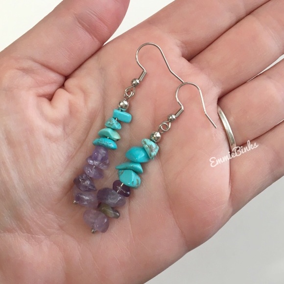 💥3for$28 New Genuine Amethyst and Turquoise Linear Drop Earrings /Gems Stones - Picture 5 of 15